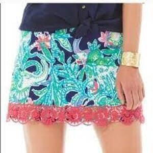 Lilly Pulitzer Tate Skirt Trunk Show Elephant Print Navy Pink Lace Women 0